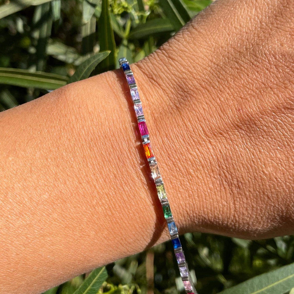 Gorgeous rainbow multi gemstone channel inlay 925 sterling tennis bracelet